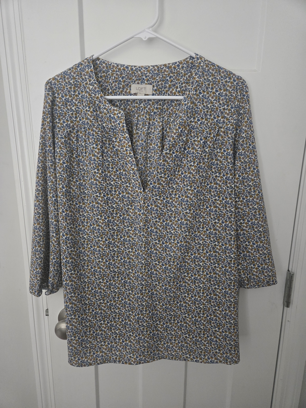 LOFT Floral Split-Neck Blouse in Blue and Mustard